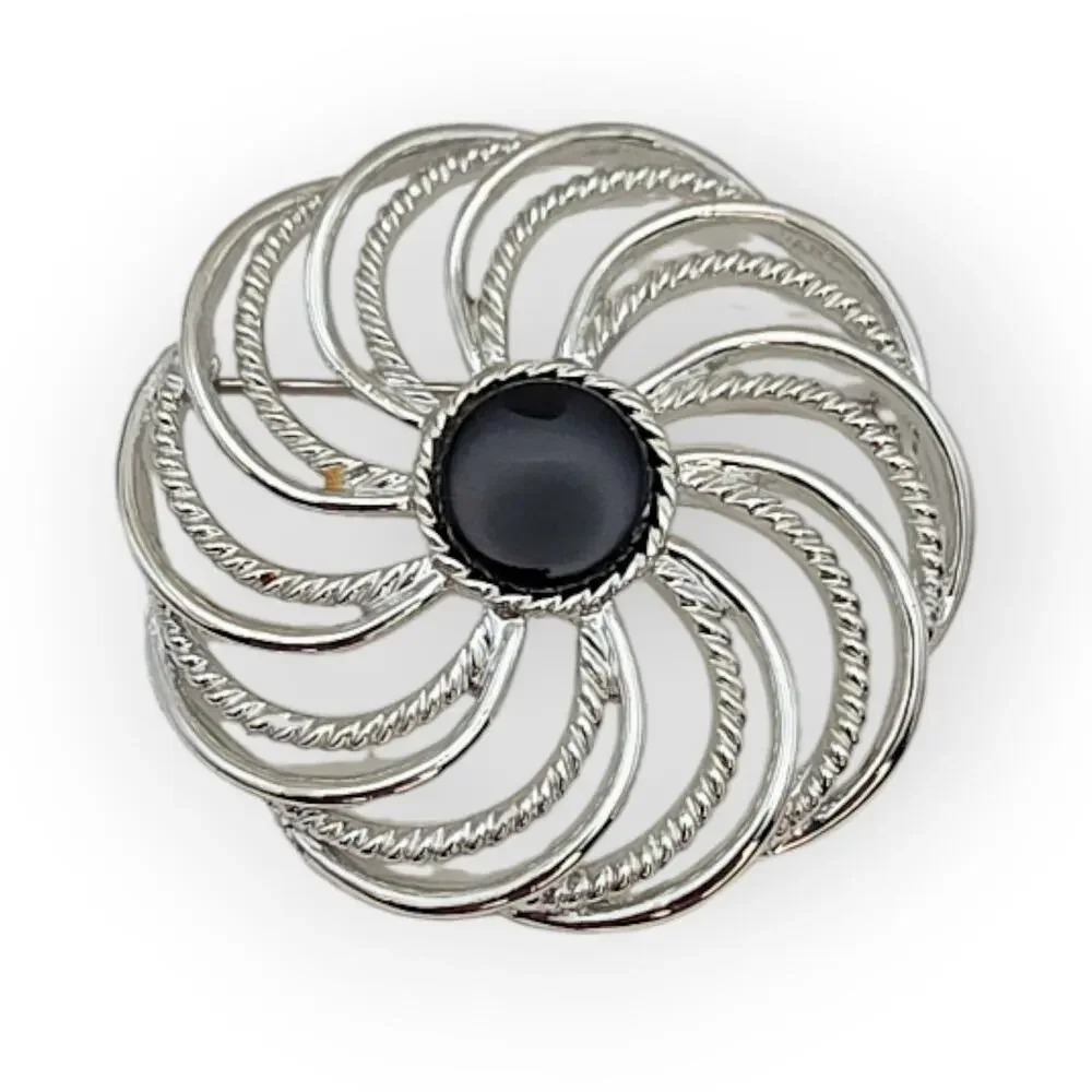 Sarah Coventry Black Cabochon Swirl Silver Tone Vintage Brooch Pin